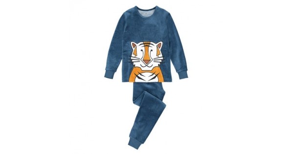 blauwe pyjama in fluweel met geborduurd tijgermotief maat 8 jaar